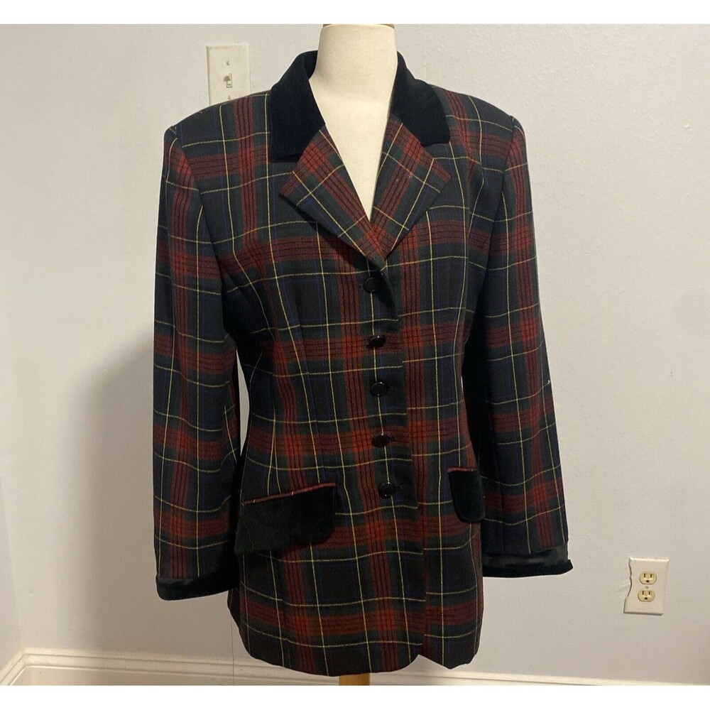 International Scene Blazer Womens‎ 12 Plaid Velvet Trim Equestrian Academia Y2K